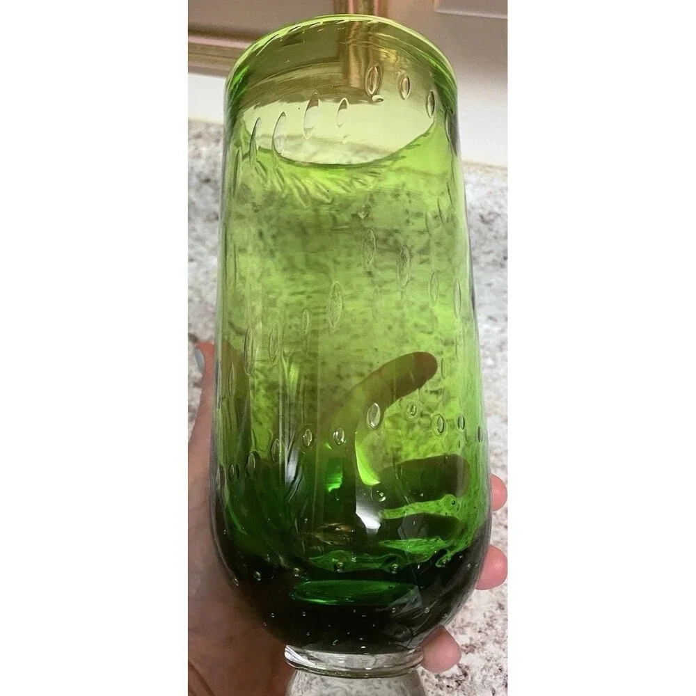 70’s Art Deco Hand Blown Controlled Bubble Apple Green & Clear Base Glass Vase